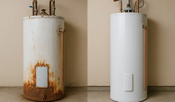 a rusted water heater next to a brand new water heater from Emergency Plumber Kyle in Kyle, TX - Toilet Replacement