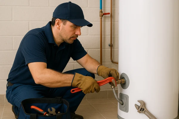 a male plumber working on a water heater connection from Emergency Plumber Kyle in Kyle, TX - Toilet Replacement